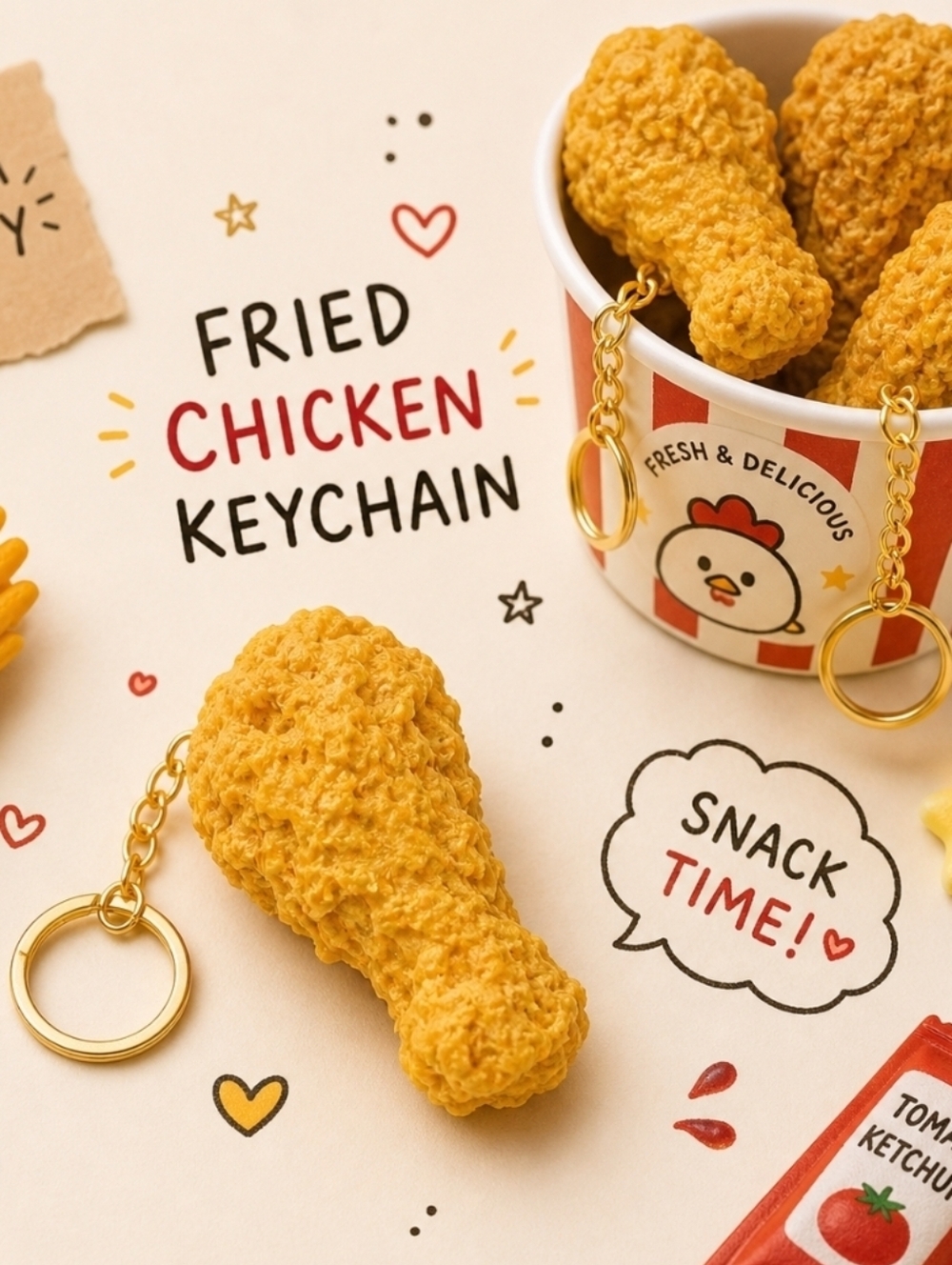 Fried Chicken Keychain 🍗 Cute Food Charm – Funny Gift / Bag Accessory